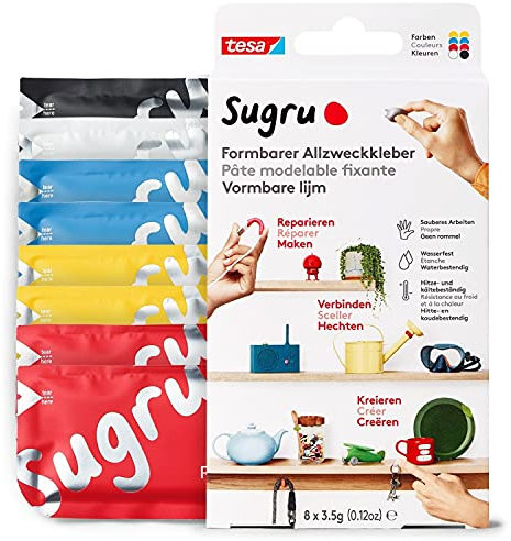 Sugru by tesa - Formbarer Allzweckkleber, 8er-Pack, 8 x 3,5 g, Rot, Blau, Gelb, Schwarz & Weiß - vielseitige Klebeknete - zum Reparieren, Kleben und zum Befestigen ohne Bohren