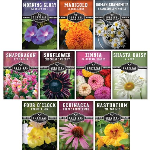 10 Flower Seed Collection for Planting | Zinnia, Sunflower, Marigold, Snapdragon, Nasturtium, Morning Glory, Chamomile, Shasta Daisy, Purple Coneflower, Four O’Clock - Survival Garden Seeds