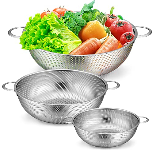 Sieb, Joyfair Edelstahl Nudelsieb Küchensieb 3er Set, Mikroperforiertes Abtropfsieb mit Griffen, Metall Seiher zum Abtropfen & Spülen von Nudeln/Gemüse/Obst/Reis, Spülmaschinenfest - 28cm/22cm/16cm