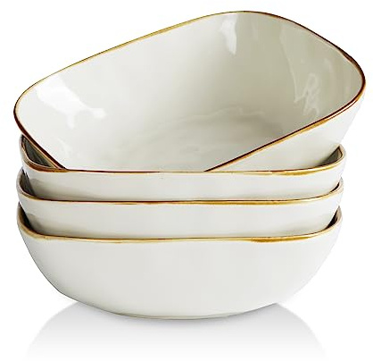 famiware Large Pasta Bowls Set of 4, Ocean Square 8 Bowls, Pasta Serving Bowl Large Dinner Bowls, Kitchen Bowl Set, Microwave and Dishwasher Safe, Scratch Resistant, Vanilla White