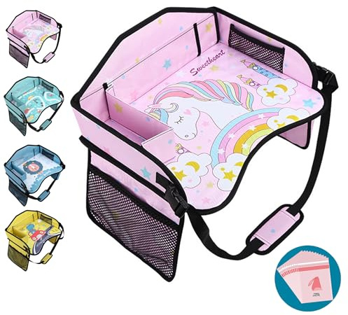 Amoilly Vassoio da viaggio per bambini per seggiolino auto per, vassoio da viaggio per auto, aereo, vassoi per auto per bambini, accessori essenziali per viaggi su strada, con 15 sacchetti