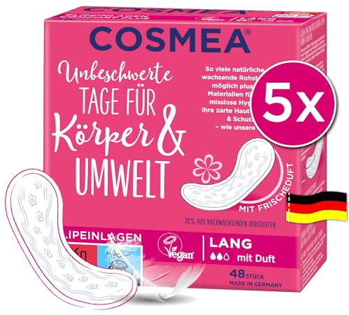 COSMEA Slipeinlagen (Lang mit Duft) Hygiene-Einlagen, 5er Pack (5x 48 Stück), Chlorfrei, Biologisch abbaubar, Ohne Flügel, 240 Stück