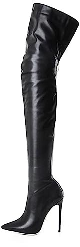 CRETUAO Stivali Donna con Tacco Alto sopra Il Ginocchio,Stivale Lungo con Cerniera Posteriore a Spillo Sexy con Punta,Moda Stretch Plus Size Stivali Tacco Alto alla Coscia,Nero,46 EU
