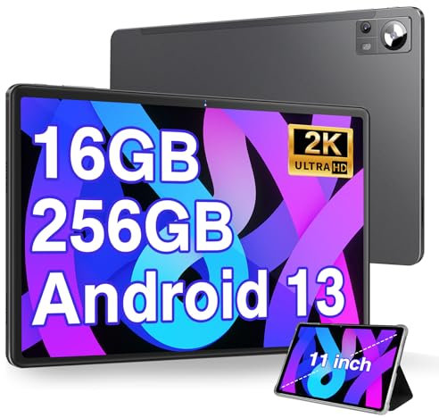 DMOAO Tablet 11 Pulgadas Android 13 con 16GB RAM 256GB ROM(1TB Ampliable), 2K FHD Tablets con Triple Cámara(13MP+5MP+2MP), 8 Cores, 2.0 GHz, IPS 2000 * 1200, 5G Wi-Fi, 8600 mAh, BT 5.0, GPS, Gris