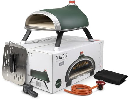 DeliVita Diavolo Gas Fired Outdoor Pizza Oven - Green, Powered by Propane, Butane or Camping Bottles, Includes Accessories - Folding Peel, Carry Case, Temperature Gun & Gas Regulator