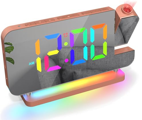 ThreeH RGB Wecker Digitaler Projektionswecker mit Regenbogen Nachtlicht USB&C Ladeanschlüsse Lautstärke einstellbar LED Spiegeluhr für Schlafzimmer Rose
