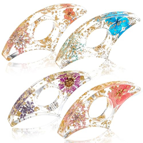AOZUO 4 Pièces Fleurs Bague De Lecture,Porte Livre Bague,Regle De Lecture Accessoire Livre Marque Pages Accessoire Lecture Avec Fleurs Séchées Transparentes Pour Livres Anneau De Pouce Pailleté Fait