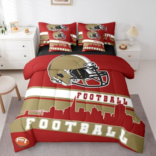 Erosebridal Football 7 Pcs Comforter Set Twin Football Fans Bedding for Boys Girls Football City Sheet Set Bed in A Bag Red Rugby Competition Room Decor Sports Ball Game Quilt