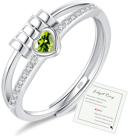 HEEYA Anxiety Ring für Damen Silber 925 Herzring mit Zirkonia Angst Ringe Offen Verstellbar Anti Stress Ring mit Perlen Spinner Fidget Ringe Frauen Hypoallergen Stimmungsring gegen Stress - Olivgrün