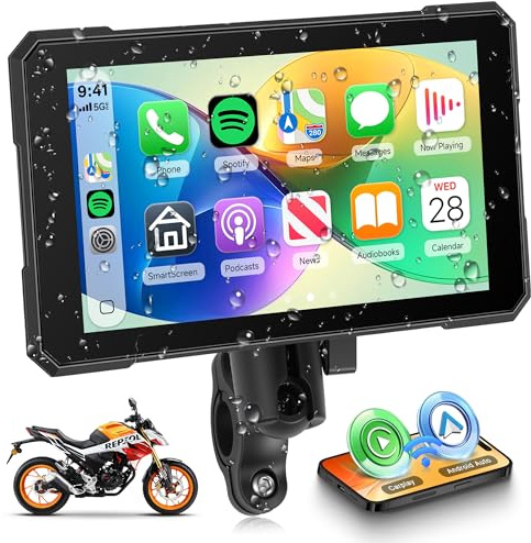 Rimoody sans Fil Carplay Display Moto Android Auto, 5 Pouces Écran Tactile Car Play Autoradio Portable, CarPlay Moniteur pour Moto Bluetooth/Navi/IP68 étanche/Contrôle de la Pression des pneus
