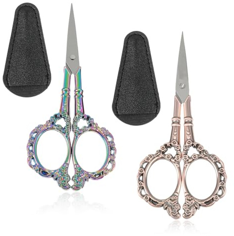 2 Pcs Embroidery Scissors, Vintage Sewing Scissors for Fabric Cutting with Leather Protective Cover Small Sharp Stainless Steel Craft Snips for Needlework & Crochet, Ideal for Sewing & DIY Projects