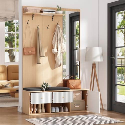 muenfly Ensemble de portemanteau de couloir multifonction 120 x 40 x 200 cm - Bois blanc, miroir, banc à chaussures, tiroirs et crochets à vêtements - Garde-robe compacte pour l'entrée
