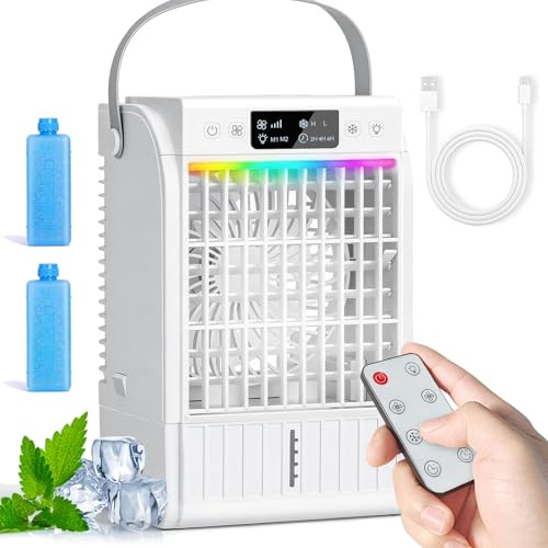 JONRRYIN Aire Acondicionado Portátil Mini, Enfriador de Aire USB 4 en 1 con Tanque 1500ml, 4 Velocidades, 2 Modos de Nebulización, Temporizador, Luz RGB, Climatizador Pequeño para Dormitorio Oficina