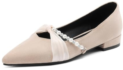 Genérico Mujer Sin Cordones Bailarinas con Perla Punta Puntiaguda Ante Sintético Zapatos De Vestir Tacón De Bloque Bajo Zapatos De Boda para Novias,Beige,41.5 EU