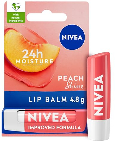 NIVEA Peach Shine Lip Balm (4.8g), Flavoured Lip Balm with Shea Butter, Natural Oils and Vitamins, Provides 24h Moisture and a Coral Shine, Vegan Lip Care Formula