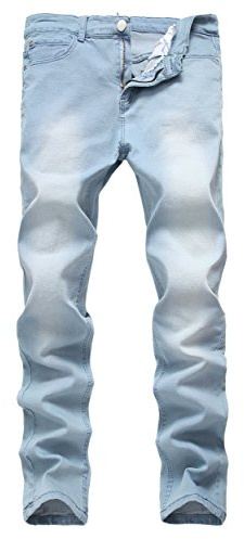 Men's Light Blue Skinny Jeans Stretch Washed Slim Fit Straight Pencil Pants,Light Blue,W31