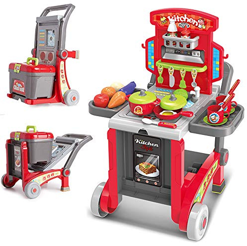 BAKAJI Cucina Giocattolo per Bambini 3in1 Richiudibile in Trolley e Carrello con 29 Accessori Gioco pentole e Padelle