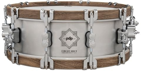 Pacific Drums Concept Select Metal Snare, 14 x 5, 3mm Aluminum/Walnut Wood Hoops | A stylish snare drum with a stout brushed shell and Walnut wood counter hoops