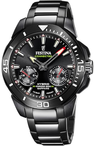 Festina Herren Hybrid Smartwatch Connected aus Edelstahl 316L Schwarz - Analog - Wasserdicht bis 10 ATM F20648/1 - Musiksteuerung, Schrittzähler, Benachrichtigungen & Anrufablehnung