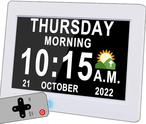 Upgraded Dementia Clock 2.0 with Auto DST, 20 Custom Alarms Reminders, Sleep Trainer, 10 Levels Auto Dimmer, Day Date Wall Calendar Clock, Large Clear Digits, 7 with Remote & HD Digital Picture Frame