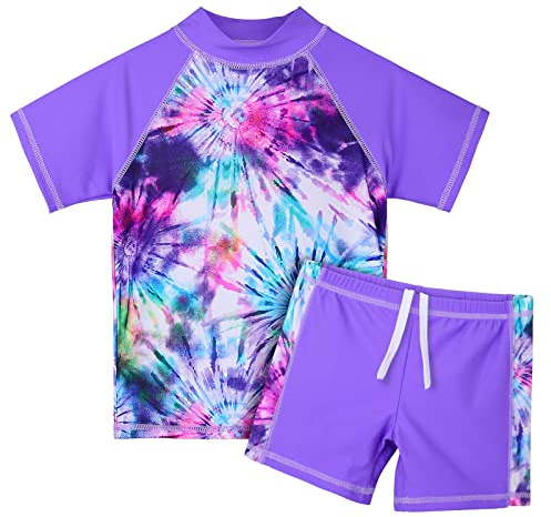 HUAANIUE Filles Enfants Maillot de Bain 2 Pièces Enfants Filles Plage Combinaison de Bain à Manches Courtes 2-12 Ans | Très élastique, séchage rapide, short avec cordon de serrage, doublure avant, motif coloré, plage, piscine, parc aquatique