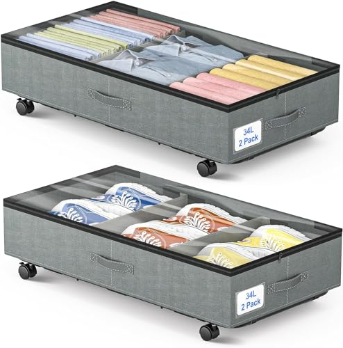 Mutool Under Bed Storage Bag with Wheels, 2-Pack Underbed Organizer Zips & PVC Window, Large Linen Box for Easy Access of Clothes, Duvets, Bedding and Shoes (Grey), 78x42x16cm