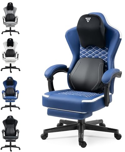 Vigosit Gaming Stuhl mit beheizter Massage Lendenwirbelstütze, Ergonomischer Gaming Computer Stuhl mit Taschenfederkissen und Fußstütze, Recliner High Back PC Stuhl für Erwachsene, blau