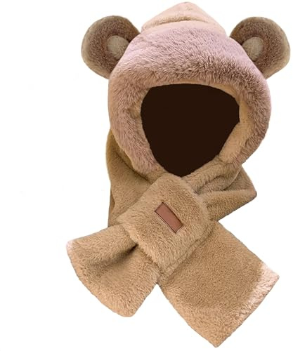 dressfan Peluche Bonnet Écharpe 2 en 1,Chaud Ours Oreilles Bonnet Chapeau avec Cache Oreilles,Mignon Cadeaux de Noël Anniversaire pour Femme Fille,Marron