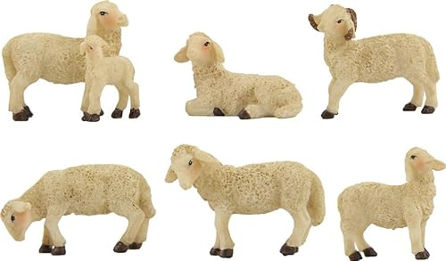 FADEDA 6 moutons avec bélier et agneau, hauteur : 5 cm, peints à la main, figurines de crèche détaillées, accessoires de décoration de table de Noël