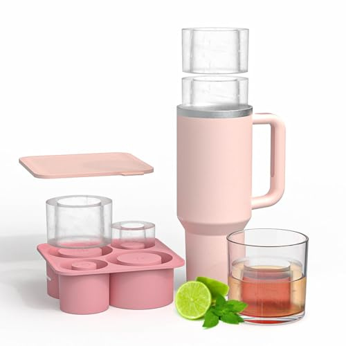 4-i-1 silikon iskubsform överdrag lock kompatibel med Stanley 20 & 30 & 4 oz kopp, dammsäker återanvändbar cylindrisk isform set, stor iskubsbricka med lock (rosa)