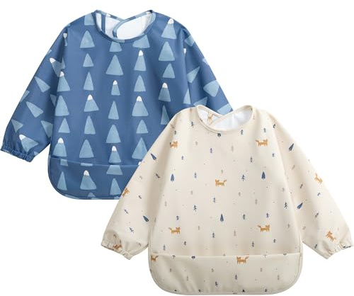 Little Dimsum Bibs with Sleeves-Waterproof Baby Bibs for Baby Led Weaning, Long Sleeved Toddlers Feeding Bib Apron, Food Protection Large Pocket Coverall，for Baby Infant Toddlers (Fox&Mountain)