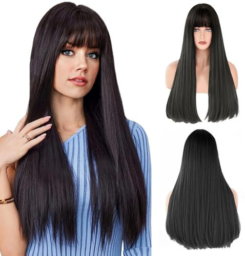 LUFFLOK Parrucca lunga e liscia da donna, capelli naturali lunghi fino alle spalle, con frangia piatta, parrucca sintetica resistente al calore, per uso quotidiano e feste cosplay, 71,1 cm, Nero