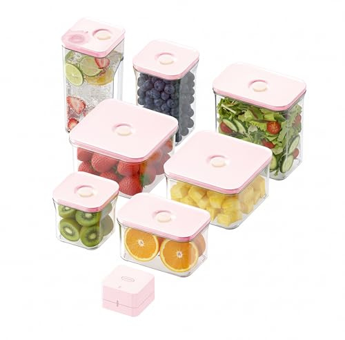 VAKUEN Premium lufttäta matförvaringsbehållare ROSE 8P/SET, 6 st behållare, 1 st vattenkanna och vakuumtätare. Patenterat dubbelt silikonfoder, 100 % läckagesäker, BPA-fri
