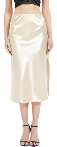 BALAYSIER Satinkjol med sidodelad midi-kjol för kvinnor dold elastisk midja blommig sidenskjol, BEIgE, S