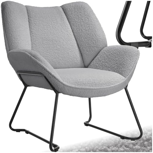 TecTake® Sillón de Bouclé Acolchado y Reclinable, Butaca Escandinava con Reposabrazos y Respaldo, Tapizado de Espuma de Alta Densidad, Estructura de Acero con Protección Antideslizante - Gris Claro