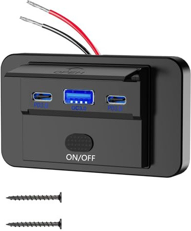 90W Presa USB 12V per Camper Montaggio a Superficie Leggero Doppia Porta USB C 36W e QC 3.0 18W per Auto, 12 Volt Sostituzione Pannello Caricabatterie con Interruttore per Autobus Marine Moto