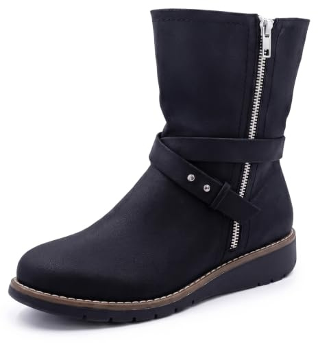 Cushion Walk EEE Extra-Wide Fit Faux Nubuck Leather Calf Length Biker Boots (6 UK, Black)
