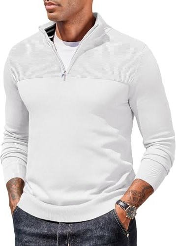COOFANDY Jersey de Cuello Alto para Hombre con Cremallera Suéter para Invierno Suéter 1/4 Zip Jersey de Punto Blanco M