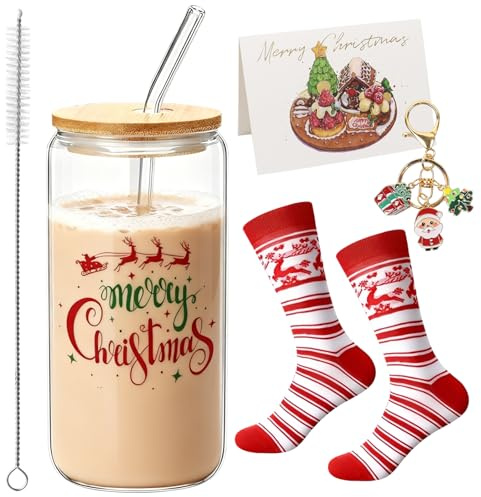500ml Bicchieri di Natale, Bicchieri di Natale per le Festività con Coperchio e Cannuccia, Tazze di Natale, Bicchieri di Natale con Portachiavi, Calzini per Caffè, Tè, Succo, Cocktail