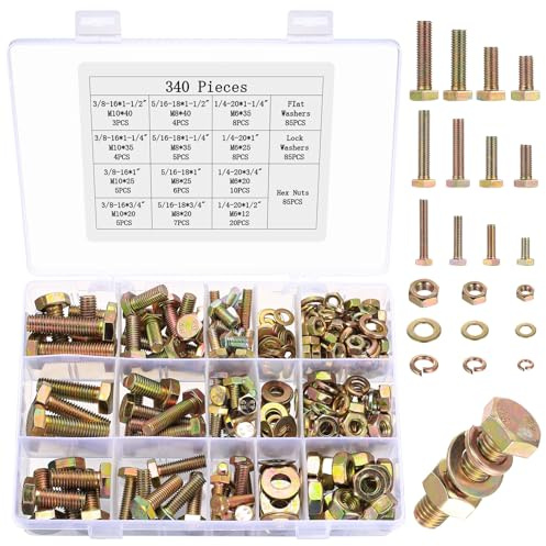 Juego de 340 piezas de tornillos M6 M8 M10, juego de tornillos hexagonales y tuercas, surtido de tornillos de máquina color zinc, tornillos cilíndricos con tuercas y arandelas