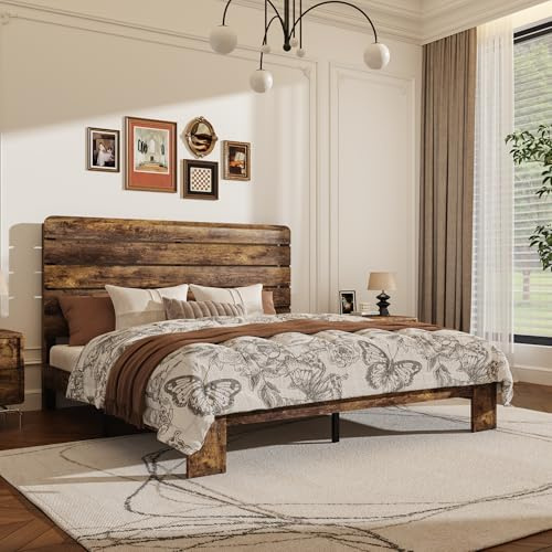 PAUKIN King Size Wooden Bed Frame with Headboard, Rustic Farmhouse Platform Bedframe with Wood Slat Support, Sturdy and No Noise, Easy Assembly (Brown, King)