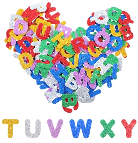 Nogeqi 156 unidades de letras de goma espumosa con purpurina, pegatinas coloridas, autoadhesivas, letras adhesivas, letras de espuma, pegatinas para niños, escuela, manualidades