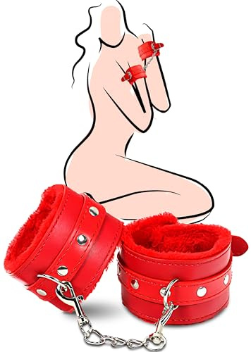 Red Fluffy Padded Handcuffs with Chain, Adjustable Soft Adult Cuffs for Comfortable Fit Plush Wrist Accessories