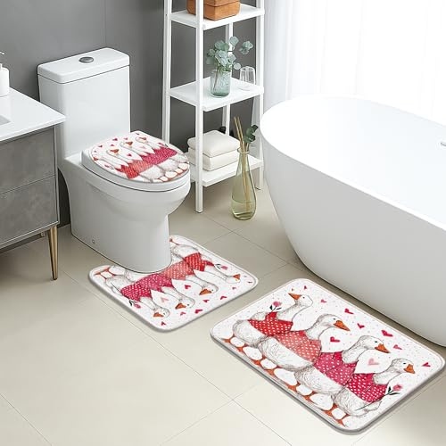 Juego De 3 Alfombrillas De Baño Corazones De Amor De Patitos Adorables Juego De Alfombrillas De Baño Moda Imprimir Alfombras De Cama, para Bathroom, Cocina, Dormitorio