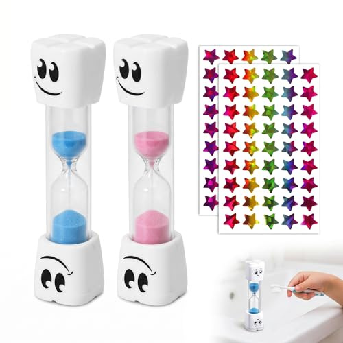 Set di 2 Clessidra Bambini per Lavare i Denti, Timer 3 Minuti con Sabbia Blu e Rosa, Include 2 Fogli di Adesivi a Stella, Clessidre Colorate per Igiene Orale, Casa e Scuola