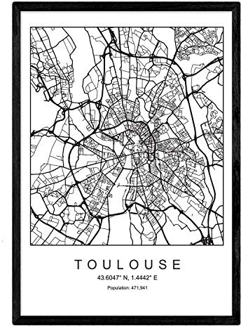 Stampa Toulouse mappa della città in stile nordico in bianco e nero. A3 formato della carta stampata No 250 gr. Dipinti, stampe e manifesti per soggiorno e camera da letto