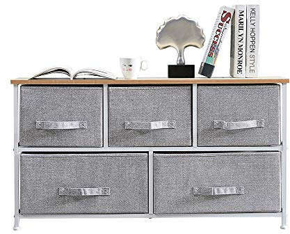 QIHANG-UK Bedroom Chest Grey Fabric Storage Unit with 5 Drawers Toy Clothes Organizer Wide Low Dresser Cabinet Sideboard with Movable Baskets for Home Bedroom Living Room Nursery Children’s Room
