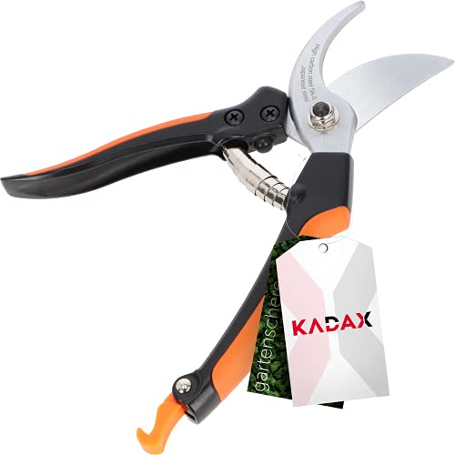 KADAX Gartenschere, Baumschere aus Kohlenstoffstahl, Länge: 20 cm, professionelle Pflanzenschere für Äste, Zweige, Antihaftbeschichtet, Heckenschere, schwarz/orange