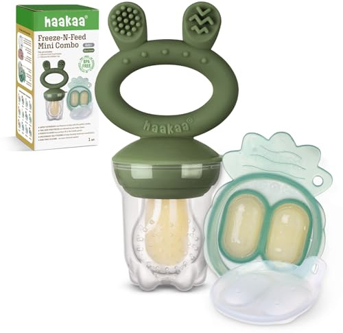 Haakaa Baby Fruit Food Feeder & Mini Freezer Nibble Tray Combo, Breastmilk Popsicle Molds for Baby Cooling Relief, BPA Free Silicone Feeder for Safe Infant Self Feeding, 4 Month+ (Olive Green)