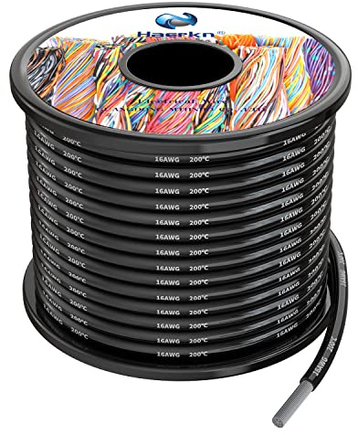 1.3mm² 16awg Silicone Electrical Wire Cable Black 15Meters 16 Gauge Hookup Wires kit Stranded Tinned Copper Wire Flexible and Soft High Temperature Resistance